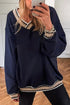 Varsity Striped Trim V Neck Long Sleeve Pullover Sweatshirt