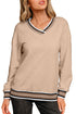 Varsity Striped Trim V Neck Long Sleeve Pullover Sweatshirt
