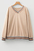 Varsity Striped Trim V Neck Long Sleeve Pullover Sweatshirt