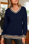 Varsity Striped Trim V Neck Long Sleeve Pullover Sweatshirt