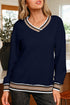 Varsity Striped Trim V Neck Long Sleeve Pullover Sweatshirt
