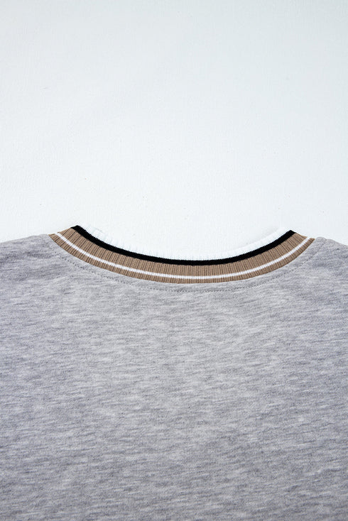Varsity Striped Trim V Neck Long Sleeve Pullover Sweatshirt