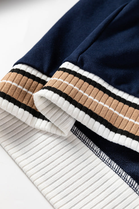 Varsity Striped Trim V Neck Long Sleeve Pullover Sweatshirt