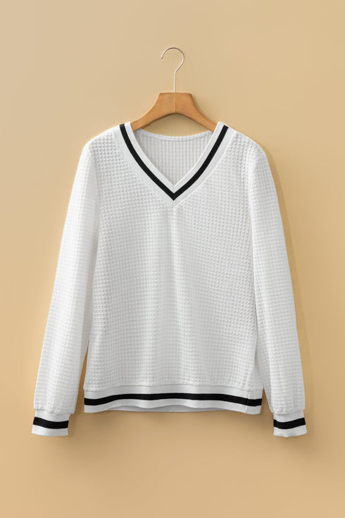 Varsity Striped Trim Waffle Knit V Neck Pullover Top