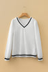 Varsity Striped Trim Waffle Knit V Neck Pullover Top