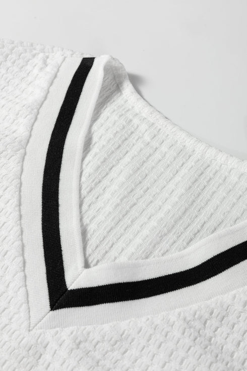 Varsity Striped Trim Waffle Knit V Neck Pullover Top