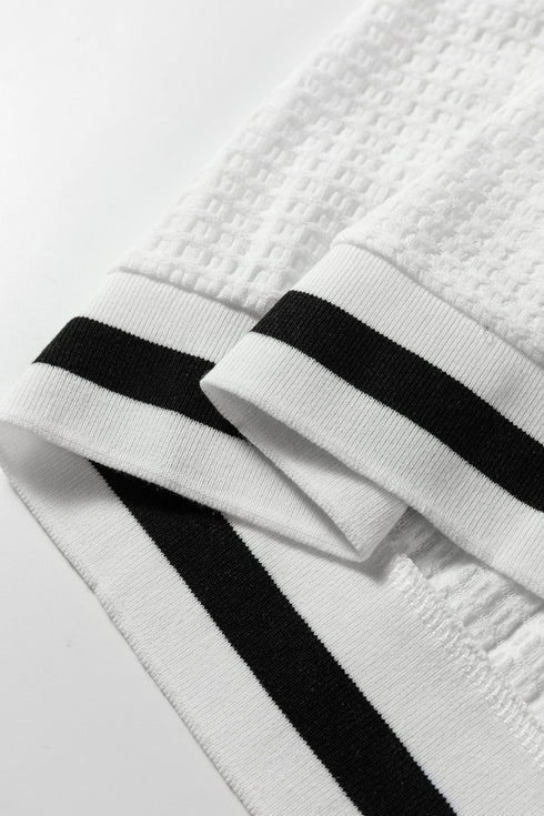 Varsity Striped Trim Waffle Knit V Neck Pullover Top