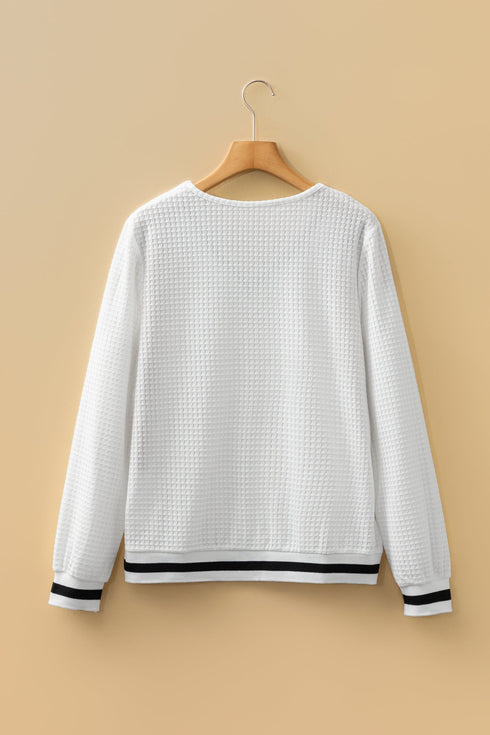 Varsity Striped Trim Waffle Knit V Neck Pullover Top