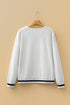 Varsity Striped Trim Waffle Knit V Neck Pullover Top