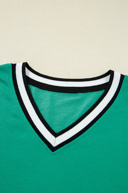 Varsity Striped V Neck Long Sleeve Pocket T Shirt Dress