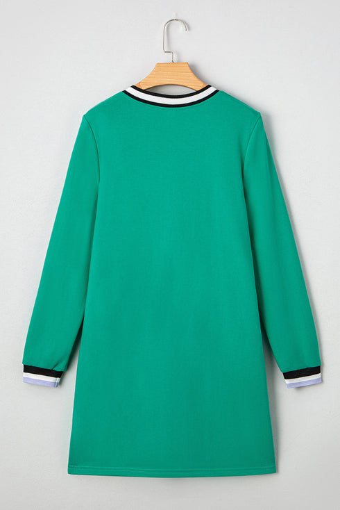 Varsity Striped V Neck Long Sleeve Pocket T Shirt Dress