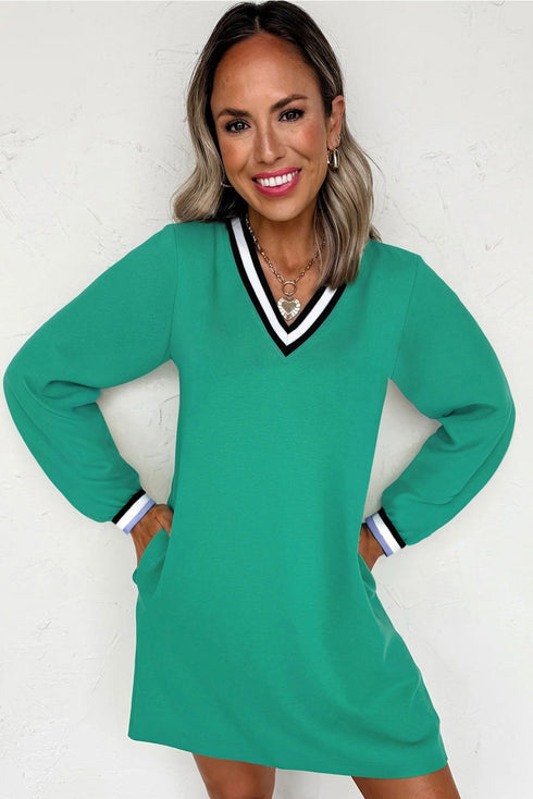 Varsity Striped V Neck Long Sleeve Pocket T Shirt Dress