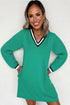 Varsity Striped V Neck Long Sleeve Pocket T Shirt Dress
