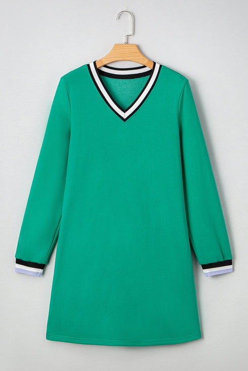 Varsity Striped V Neck Long Sleeve Pocket T Shirt Dress