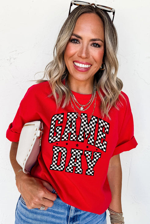 Varsity Style Game Day Checkered Print Graphic T Shirt