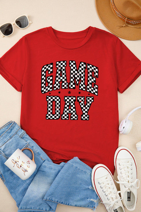 Varsity Style Game Day Checkered Print Graphic T Shirt