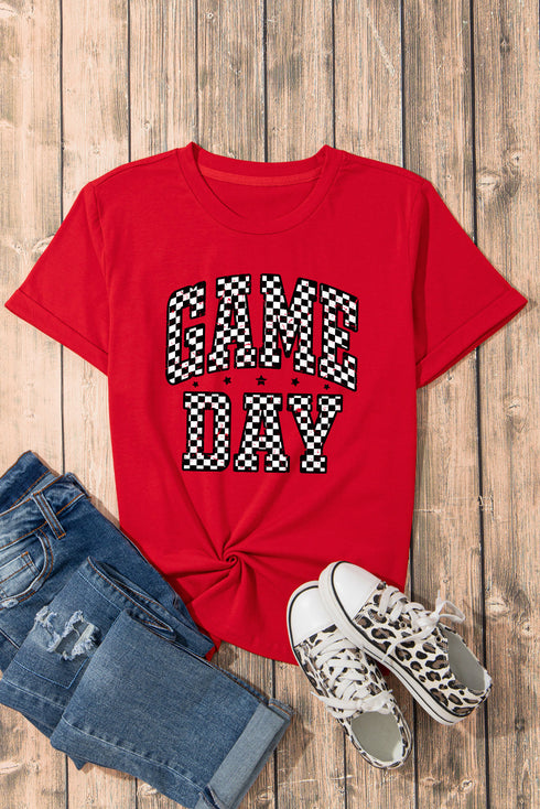 Varsity Style Game Day Checkered Print Graphic T Shirt
