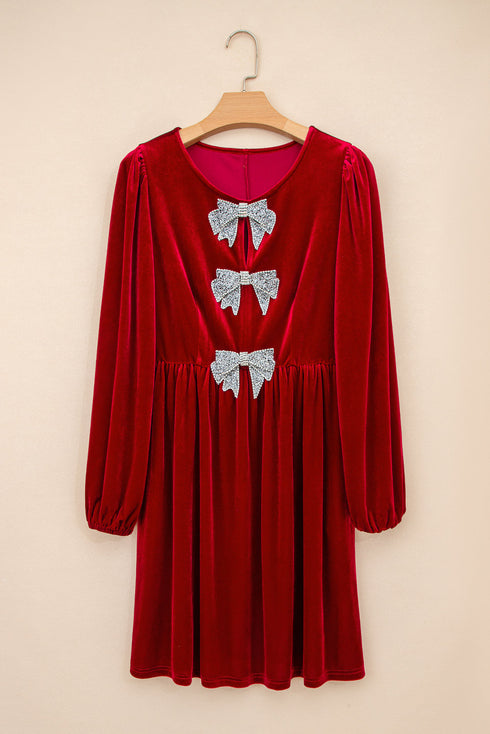 Velvet Bow Detail High Waist A Line Mini Dress