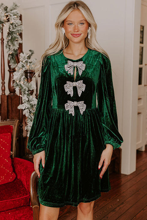 Velvet Bow Detail High Waist A Line Mini Dress