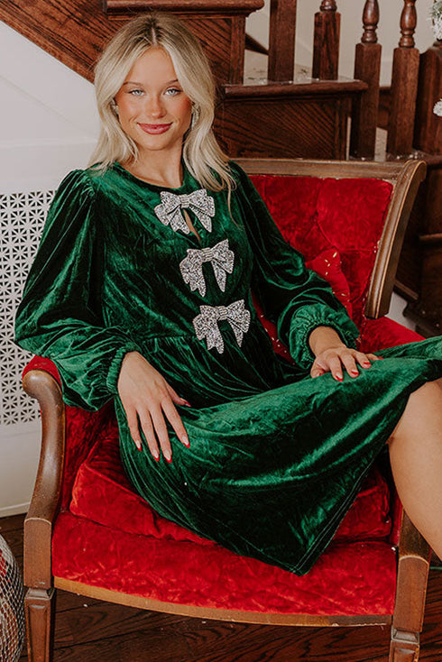 Velvet Bow Detail High Waist A Line Mini Dress