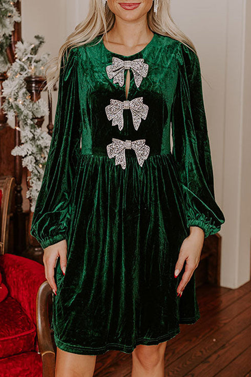 Velvet Bow Detail High Waist A Line Mini Dress