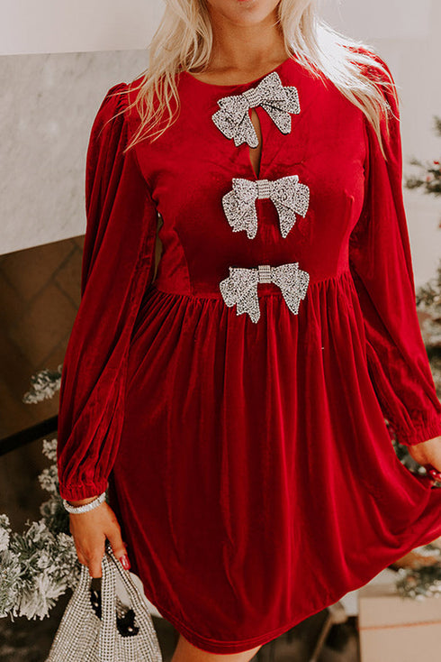 Velvet Bow Detail High Waist A Line Mini Dress