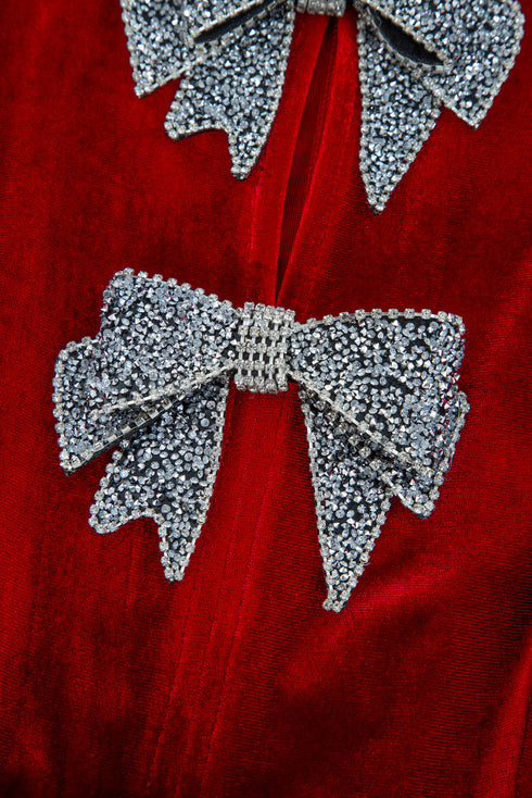 Velvet Bow Detail High Waist A Line Mini Dress