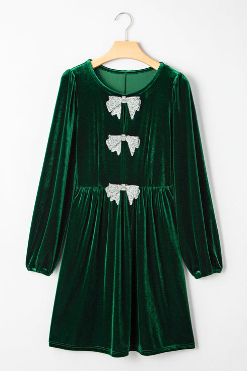 Velvet Bow Detail High Waist A Line Mini Dress
