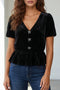 Velvet Bow Detail V Neck Peplum Hem Short Sleeve Blouse