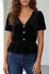Velvet Bow Detail V Neck Peplum Hem Short Sleeve Blouse