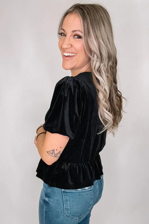 Velvet Bow Detail V Neck Peplum Hem Short Sleeve Blouse