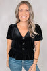 Velvet Bow Detail V Neck Peplum Hem Short Sleeve Blouse