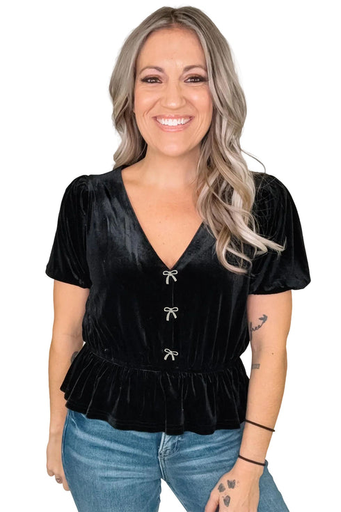 Velvet Bow Detail V Neck Peplum Hem Short Sleeve Blouse