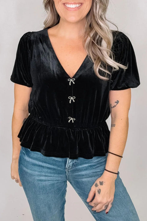Velvet Bow Detail V Neck Peplum Hem Short Sleeve Blouse