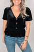 Velvet Bow Detail V Neck Peplum Hem Short Sleeve Blouse