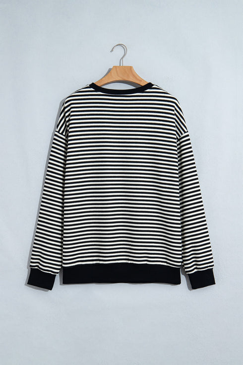 Velvet Bow Pattern Striped Dropped Shoulder Loose Sweatshirt
