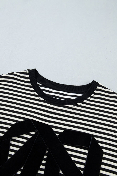 Velvet Bow Pattern Striped Dropped Shoulder Loose Sweatshirt