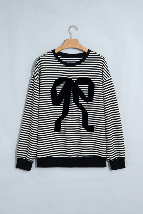 Velvet Bow Pattern Striped Dropped Shoulder Loose Sweatshirt
