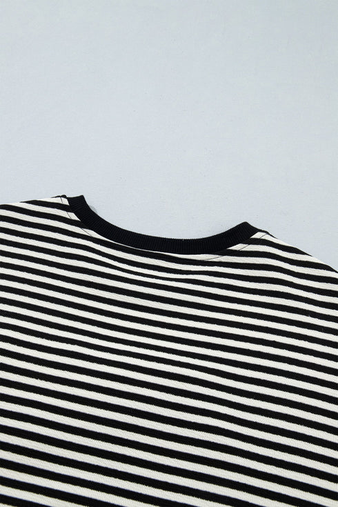 Velvet Bow Pattern Striped Dropped Shoulder Loose Sweatshirt