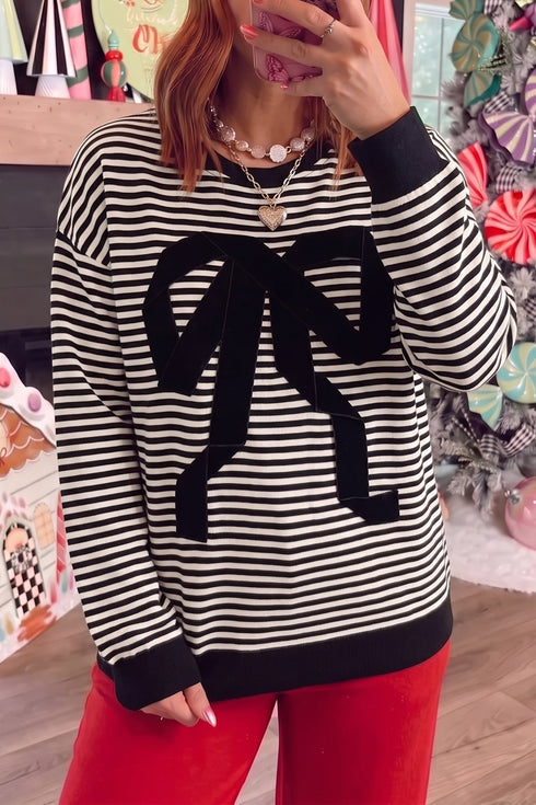 Velvet Bow Pattern Striped Dropped Shoulder Loose Sweatshirt