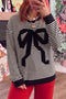 Velvet Bow Pattern Striped Dropped Shoulder Loose Sweatshirt