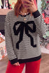 Velvet Bow Pattern Striped Dropped Shoulder Loose Sweatshirt