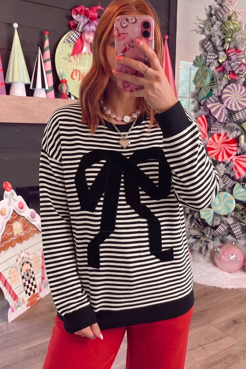 Velvet Bow Pattern Striped Dropped Shoulder Loose Sweatshirt
