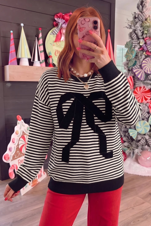 Velvet Bow Pattern Striped Dropped Shoulder Loose Sweatshirt