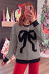 Velvet Bow Pattern Striped Dropped Shoulder Loose Sweatshirt