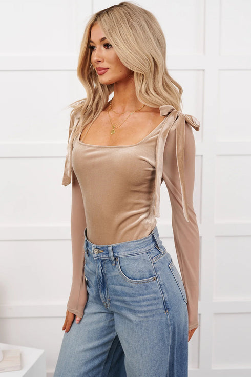 Velvet Bow Square Neck Sheer Long Sleeve Bodysuit