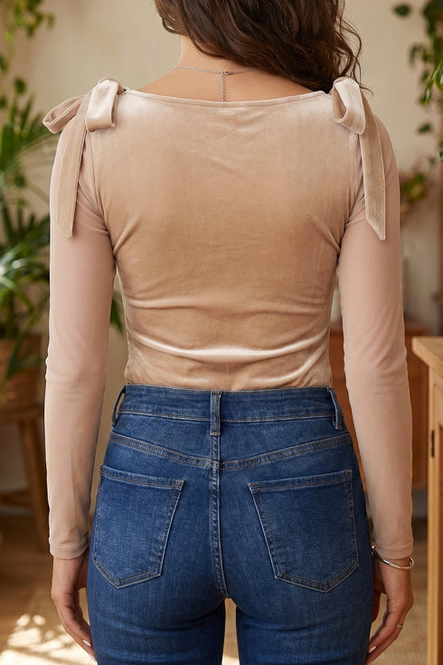 Velvet Bow Square Neck Sheer Long Sleeve Bodysuit
