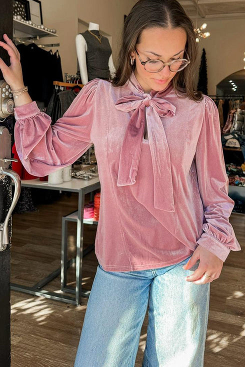 Velvet Bow Tie Neck Long Sleeve Blouse