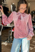 Velvet Bow Tie Neck Long Sleeve Blouse
