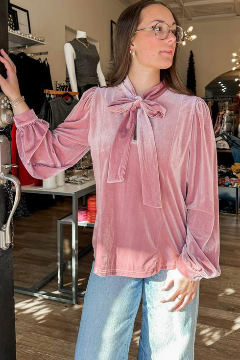 Velvet Bow Tie Neck Long Sleeve Blouse